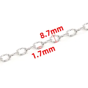 Polished silver stainless steel oval link chain with diamond-cut texture, 8.7mm link size