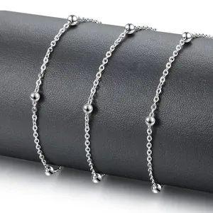 Modern silver stainless steel bead chain necklace with polished small spheres for jewelry