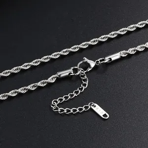 Detailed close-up of a silver stainless steel rope chain featuring lobster clasp and K18 tag