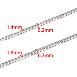 Silver stainless steel Cuban link chains in 5.2mm and 6.3mm widths for DIY jewelry making
