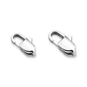 Two polished silver stainless steel lobster clasps for DIY jewelry making on white background
