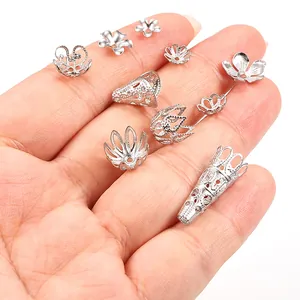 Silver stainless steel hollow flower bead caps for DIY jewelry making accessories
