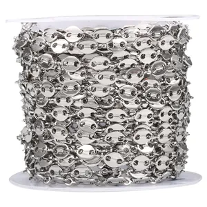 Polished silver stainless steel coffee bean chain link on a spool for DIY jewelry