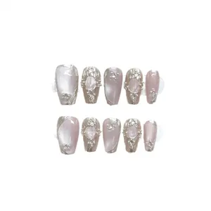 Women Handmade Cat Eye Press On Nails Kit Nude Pink Gold Silver Mirror Powder 3D Relief Rhinestone Artificial Pearl Luxury False Nails