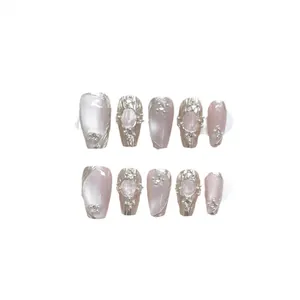 Handmade pink cat eye press-on nails with silver mirror floral design, 10 pieces set