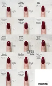 Size chart showing 14 styles of press-on nails including square, coffin, and almond shapes