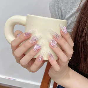 Handmade Purple Rose Coffin Press On Nails 3D Flower Artificial Pearl Rhinestone Elegant French Style Artificial Fingernails For Women