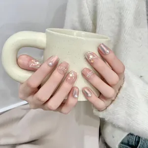 Handmade Press On Nails Short Coffin Nude Pink Aurora Shimmer With Pearls Rhinestones For Women Daily Party Elegant Manicure