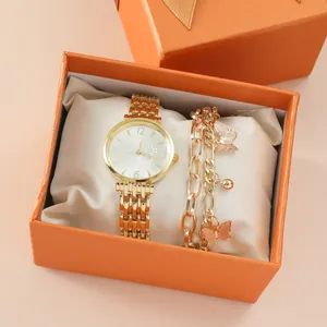 Montre à Quartz de Mode pour Femmes et Ensemble de Bijoux de Bracelet Papillon Montre de Chaîne en Alliage d'Or pour Femmes