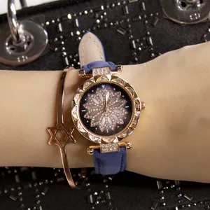 Gedetailleerde close-up van een horloge met bloemendessin, paarse band en sterarmband om pols