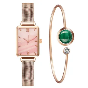 Set orologio donna quadrato oro rosa con quadrante rosa e bracciale in malachite