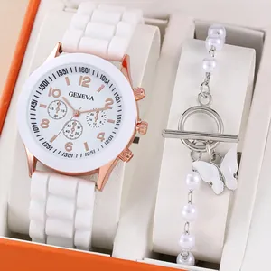 Montre à Quartz Mode pour Femmes Et Bracelet Papillon en Künstliche Perles Boîtier en Alliage Or Rose Bracelet en Silicone Blanc