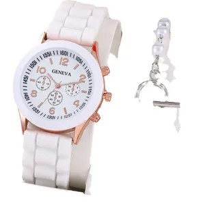 Montre en silicone blanc avec boîtier or rose et parure de bijoux en perles