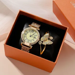 Luxuriöses Damen-Uhrenset in Gold mit Schmetterlingsarmband und Kristallen in Geschenkbox