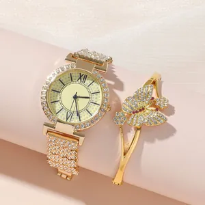 Luxus Strass Goldene Damenuhr Und Schmetterling Armband Set Römische Ziffern Quarzuhr Elegantes Schmuck Geschenk
