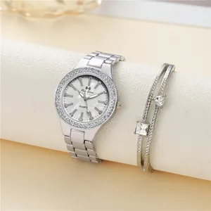 Luxury silver steel watch and crystal bracelet set with diamond accents for women