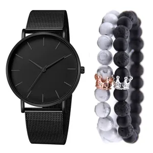 Minimalist Quartz Watch And Beaded Bracelet Combination For Men Alloy Mesh Strap Round Dial Fashion Casual Wristwatch