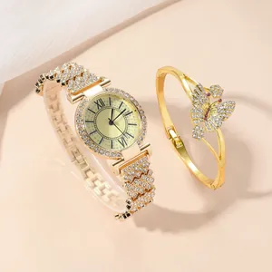 Luxuriöse goldene Quarzuhr für Damen mit passendem Schmetterlingsarmband und Strasssteinen