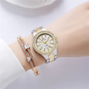 Elegant gold and silver steel watch set for women with sparkling crystal accents