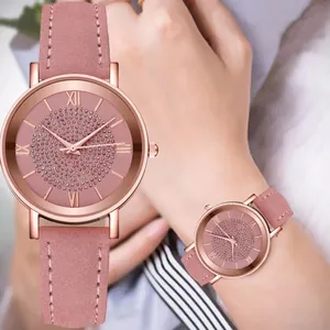 Women's Fashion Quartz Watch Roman Numerals Starry Sky Rhinestone Dial Elegant Ladies Wristwatch With Faux Leather Strap