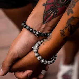 Fashion crown beaded bracelets set with black lava and white marble stone for couples