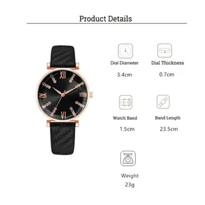 Detailed specs of women's quartz watch with 3.4cm black dial and rose gold case