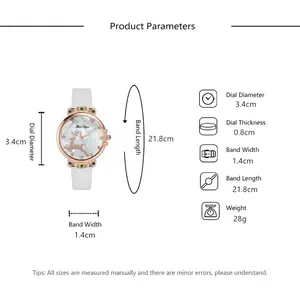 Montre mode pour femme avec cadran renne et bracelet en cuir affichant les dimensions du produit