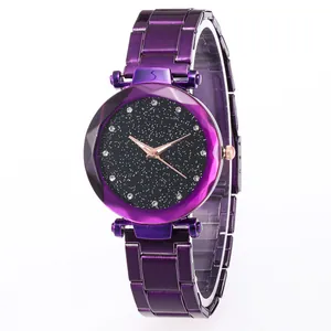 Elegant purple stainless steel starry sky watch for women with diamond indices
