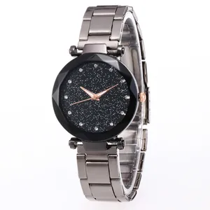 Detailed view of starry sky dial with diamond markers and faceted metal bezel on watch