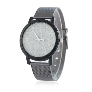 Minimalist quartz watch with grey mesh strap and starry silver dial for men and women