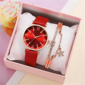Women Fashion Quartz Watch And Star Bracelet Gift Box Set Rhinestone Roman Numeral Dial Faux Leather Strap Casual Wristwatch Gift For Ladies