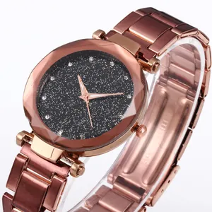 Rose gold starry sky watch for women with sparkling dial and stainless steel mesh strap