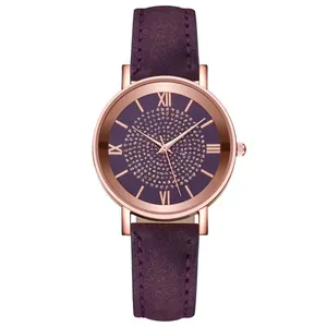 Women's quartz watch with starry purple dial and rose gold Roman numeral accents