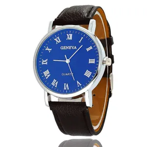 Classic Geneva quartz watch featuring a blue Roman numeral dial and black leather strap