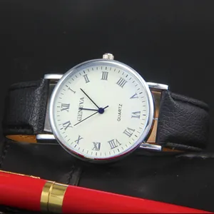 Classic silver quartz watch with white dial and black leather strap for men and women
