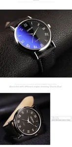 Detail of Geneva quartz watch with black leather strap and dazzling blue light effect