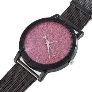 Starry sky quartz watch with pink glitter dial, black mesh strap, and moon needle
