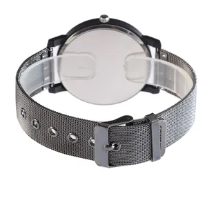Detail view of gunmetal mesh watch band with secure metal buckle and polished back case