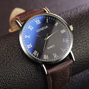 Macro shot of Geneva men's quartz watch featuring a gradient blue dial with Roman numerals