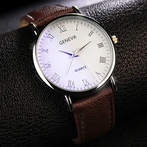 Classic Geneva men's quartz watch with white Roman dial and brown leather strap