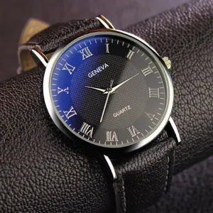 Classic Quartz Watch For Men Women Roman Numerals Dial Faux Leather Strap Casual Business Wristwatch Blue Coated Mirror