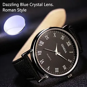 Geneva quartz watch with black roman dial, leather strap and blue coated glass effect