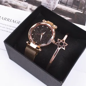 Women Fashion Starry Sky Watch Bracelet And Box Gift Set With Alloy Magnetic Mesh Band Rhinestone Analog Quartz Watch