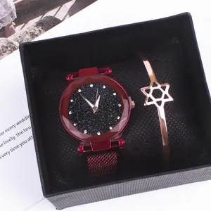 Starry sky dial watch set with red Milanese magnetic strap and hexagram bracelet in gift box
