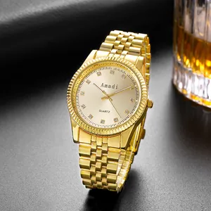 Montre homme luxe or business à quartz avec aiguilles lumineuses et index sertis de diamants