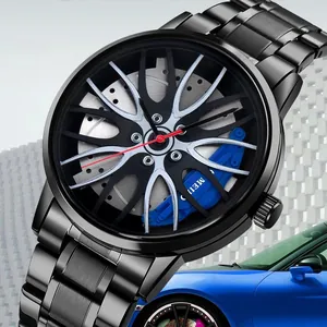 Detail of 3D racing wheel hub watch face with blue brake caliper and black steel band