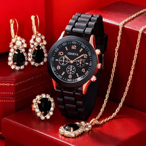 Women Fashion Quartz Watch Rhinestone Necklace Ring Earrings Rose Gold Silicone Strap Elegant Jewelry Accessories Gift