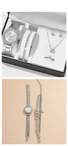 Detailansicht von silberner Quarzuhr und Schmuckset inklusive Halskette und Armband