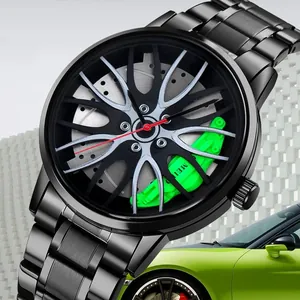 Detail of 3D car wheel hub dial with green brake caliper and black steel band