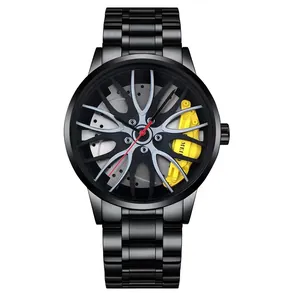 Detailed macro view of 3D sports car rim dial with yellow brake caliper and steel band
